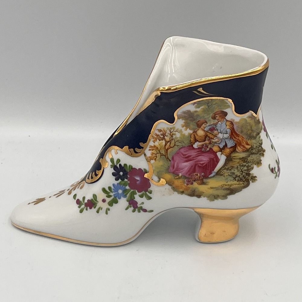 Vintage Porcelain Shoe Figurine Courting Couple Gold Trim Heel Ornate Grannycore